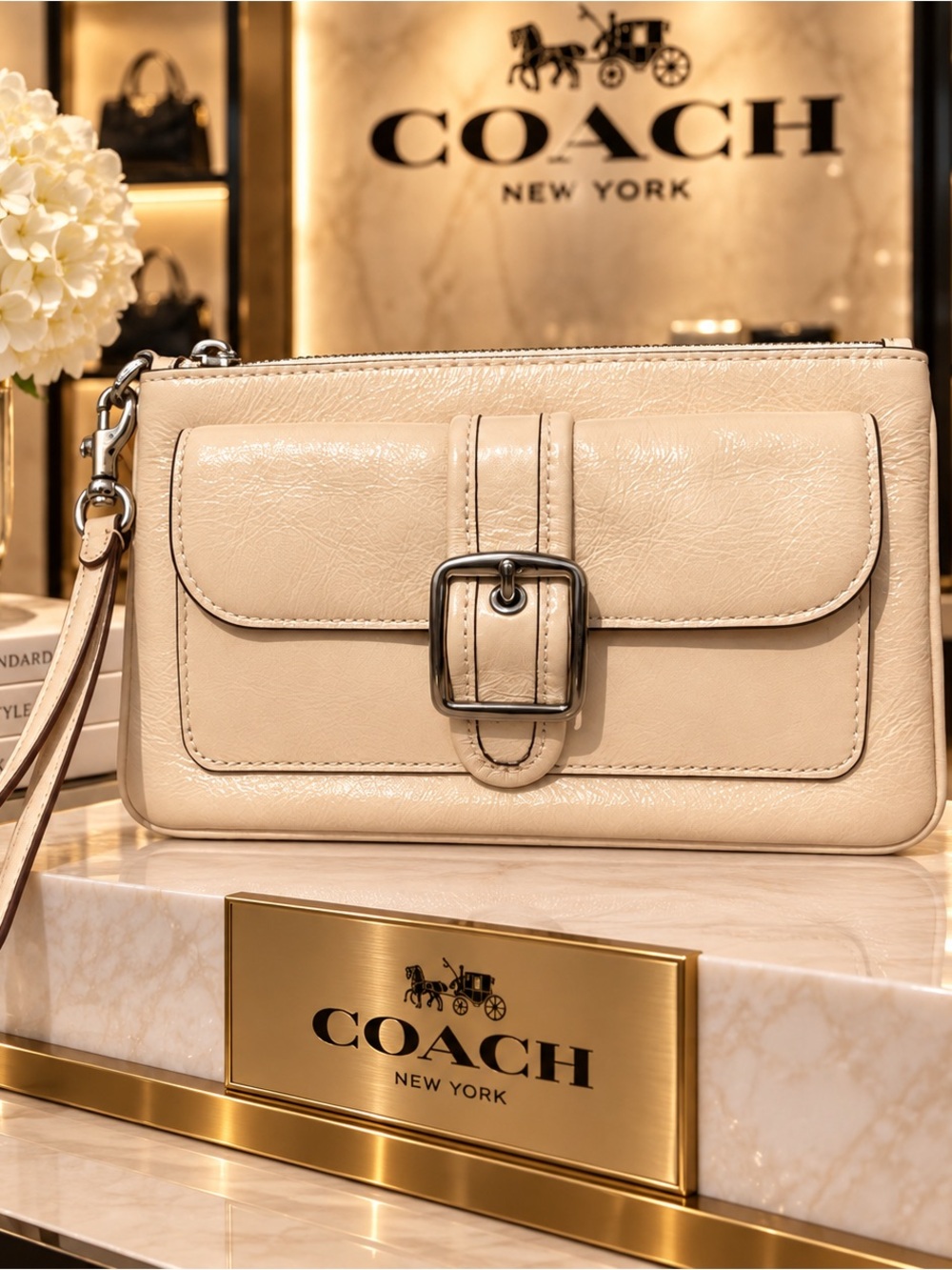 Coach Ashton Chalk Leather Wristlet with Buckle Front Pocket